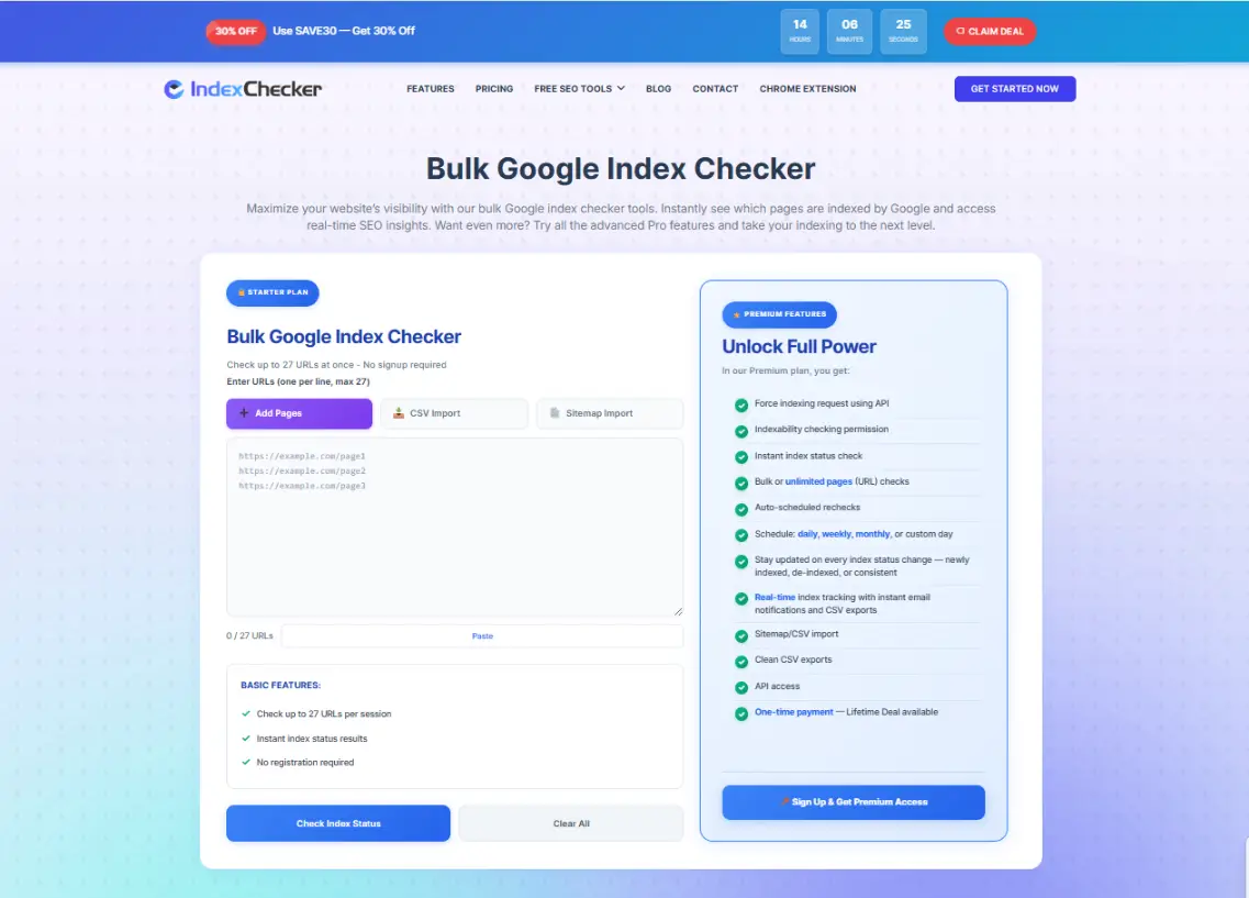 Index Checker dashboard interface